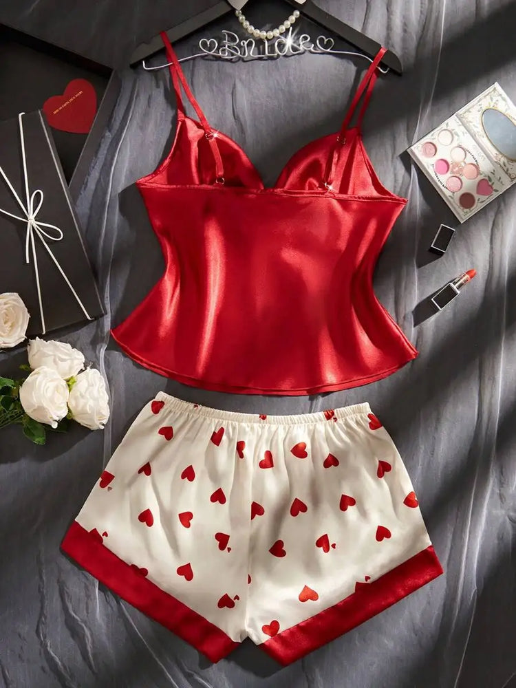 Red Satin Heart Pajama Set | Silky Tie-Knot Cami & Shorts