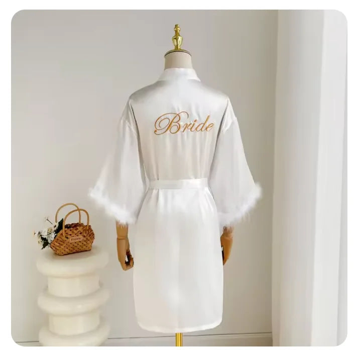 Bridal Satin Robe | Feather-Trim Wedding Kimono