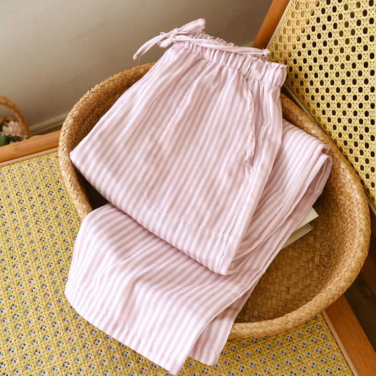 Cotton Gauze Pants | Striped Home Trousers