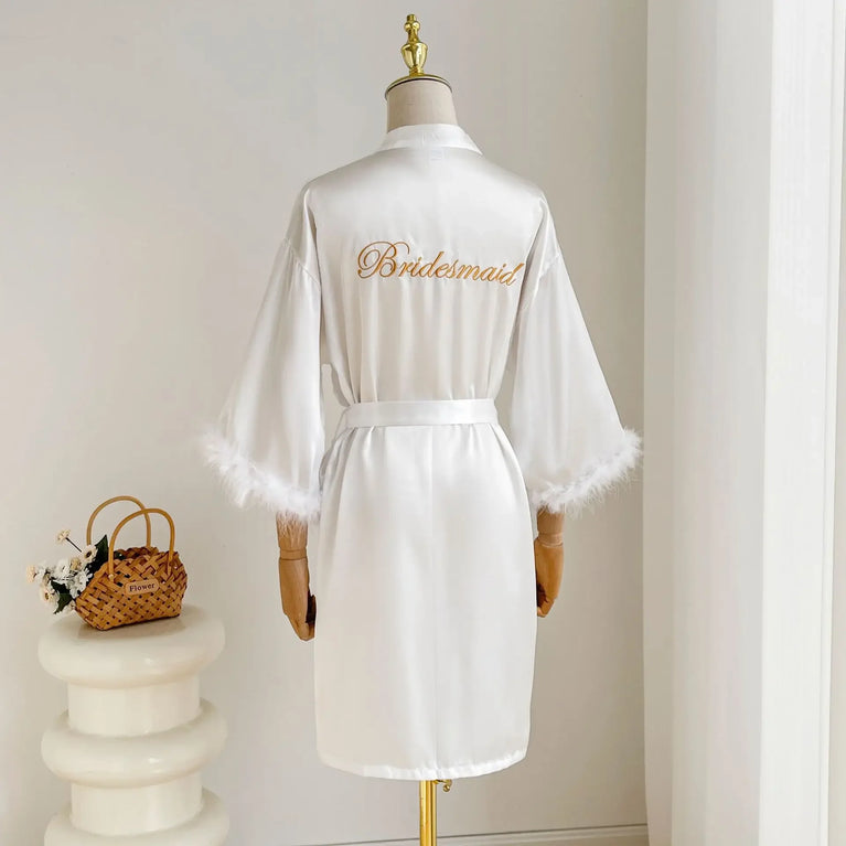 Bridal Satin Robe | Feather-Trim Wedding Kimono