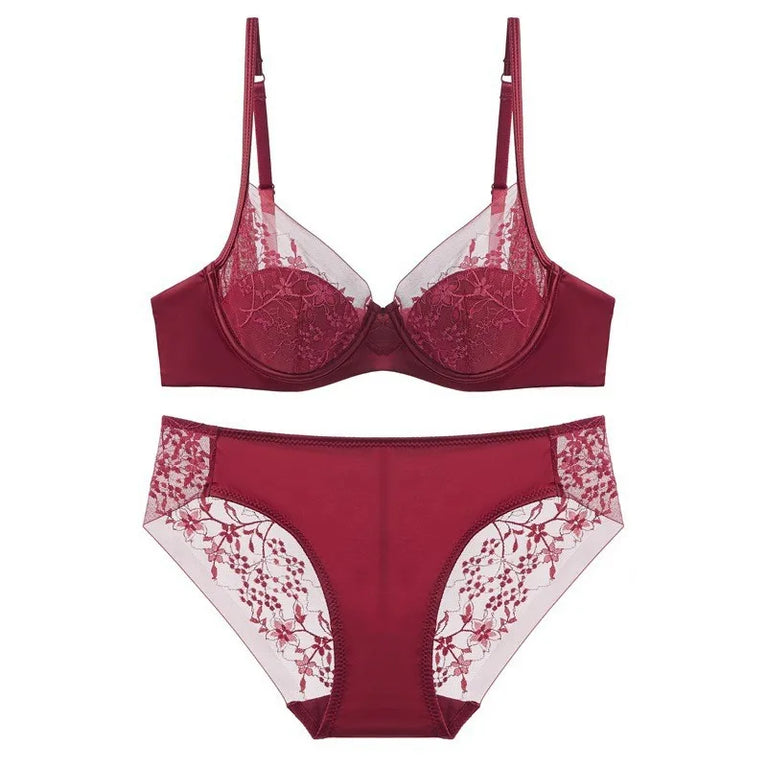Floral Embroidery Plunge Push Up Bra Set – Elegant Underwire Lingerie