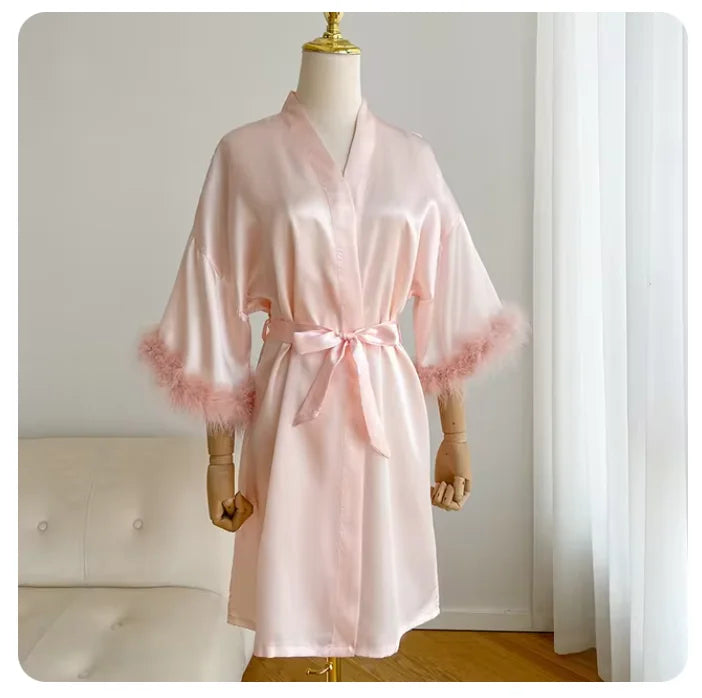 Bridal Satin Robe | Feather-Trim Wedding Kimono