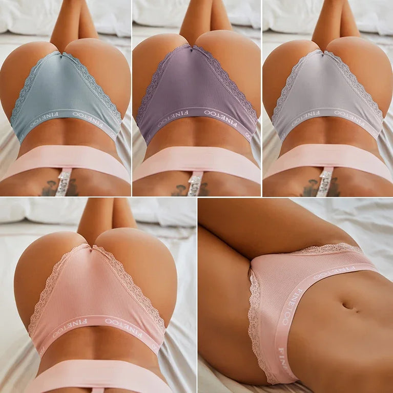 4pc Cotton Bikini Set | Lace Trim Brazilian Briefs