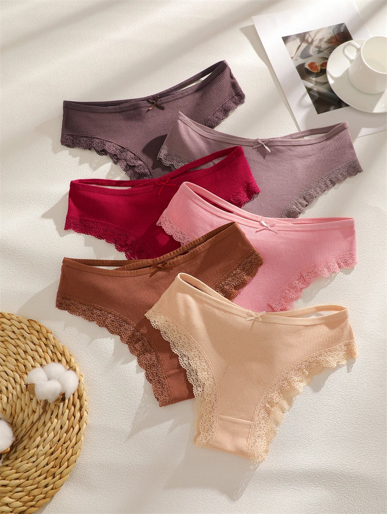 6pc Cotton Lace Panties | Crossed Belt Brazilian Briefs