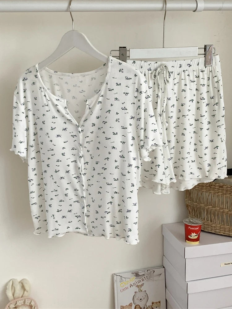 Women’s Floral Summer Pajama Set | Korean Style Home Clothes