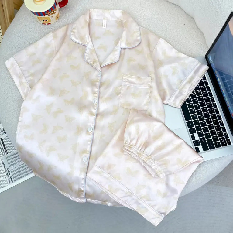 Women’s Ice Silk Sleepwear Set | Sweet Short Sleeve PJs
