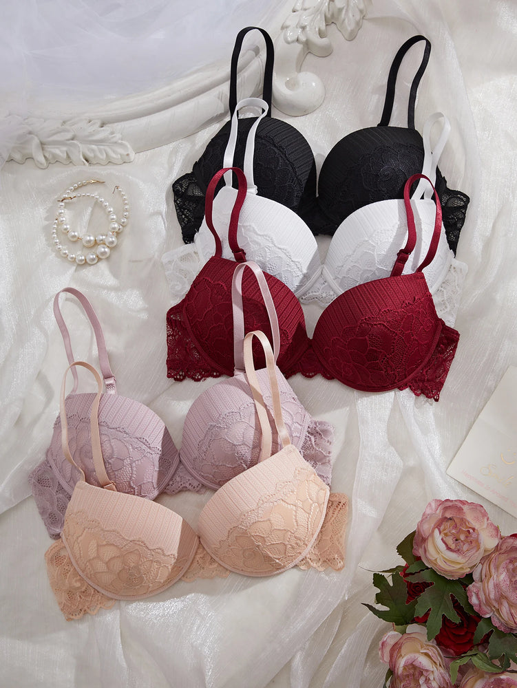 Floral Lace Push-Up & Minimizer Bra – Elegant 3/4 Cup Support