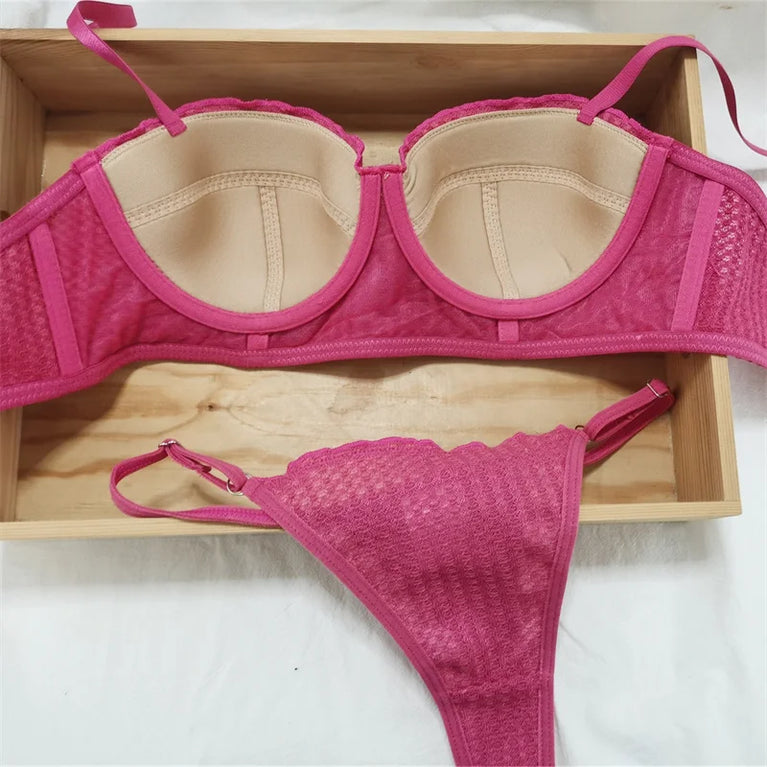 French 1/2 Cup Push-Up Bra Set | Fluorescent Lace Lingerie