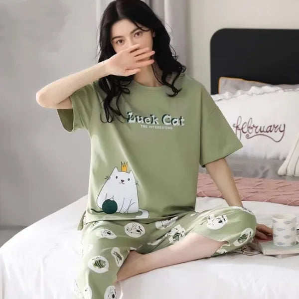 Women’s Milk Silk Pajama Set | Cute Cartoon Calf-Length Pants