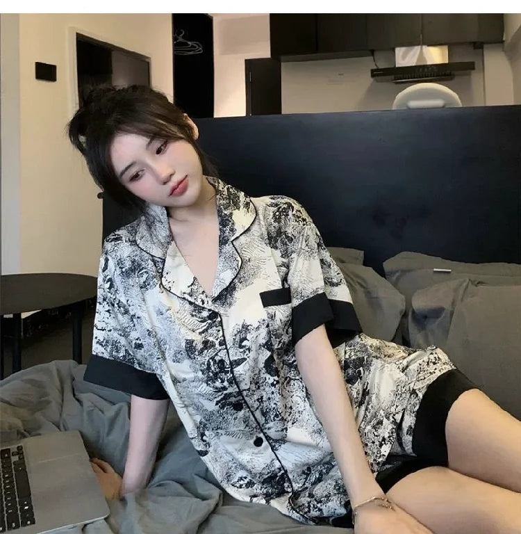 Women’s Ice Silk Sleepwear Set | Sweet Short Sleeve PJs