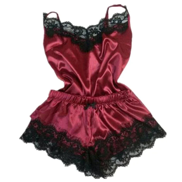 Lace Satin 2-Piece Pajama Set – Sexy V-Neck Strap Vest & Matching Sleep Shorts for Women