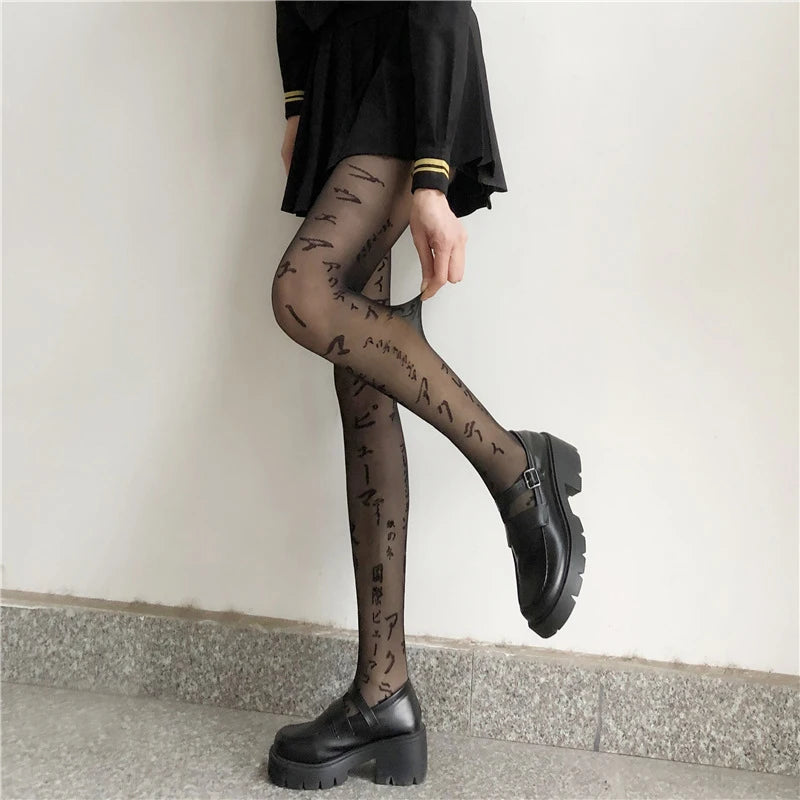Women Y2K Sheer Letter Print Pantyhose Ultra Thin Sexy Tights