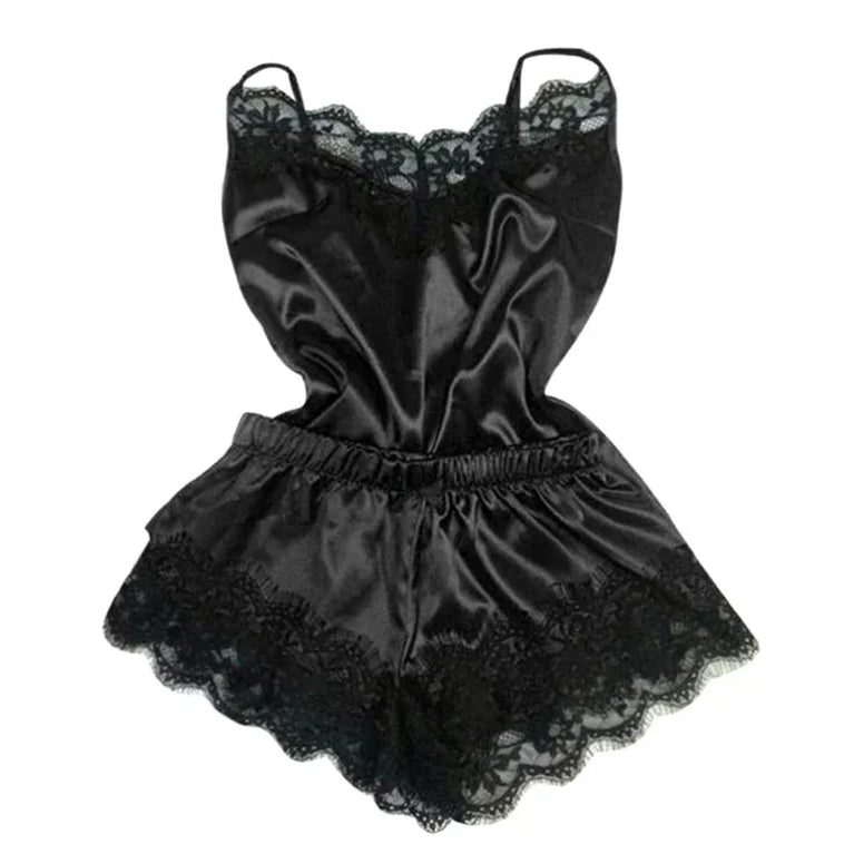 Lace Satin 2-Piece Pajama Set – Sexy V-Neck Strap Vest & Matching Sleep Shorts for Women