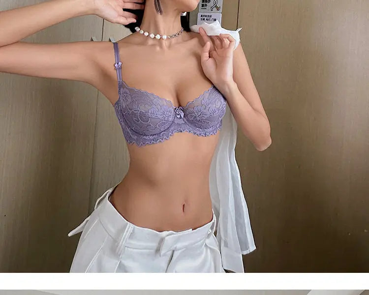 French Gathering Lace Bra Set | Seamless Purple & White Duo
