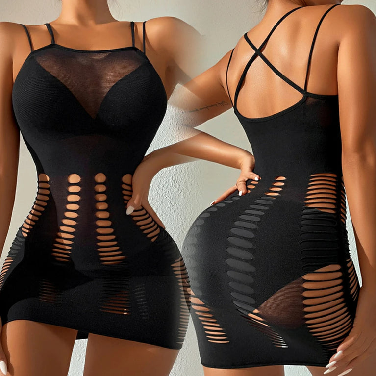Satin Slip Dress Fishnet Bodycon Mini Nightwear for Women