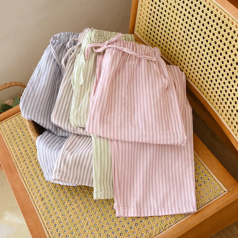 Cotton Gauze Pants | Striped Home Trousers