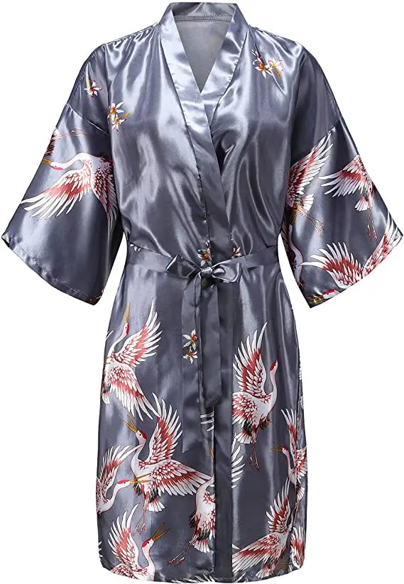 Luxury Floral Satin Silk Robe – Elegant Short-Sleeve Kimono Bathrobe for Brides, Bridesmaids, and Summer Lounging