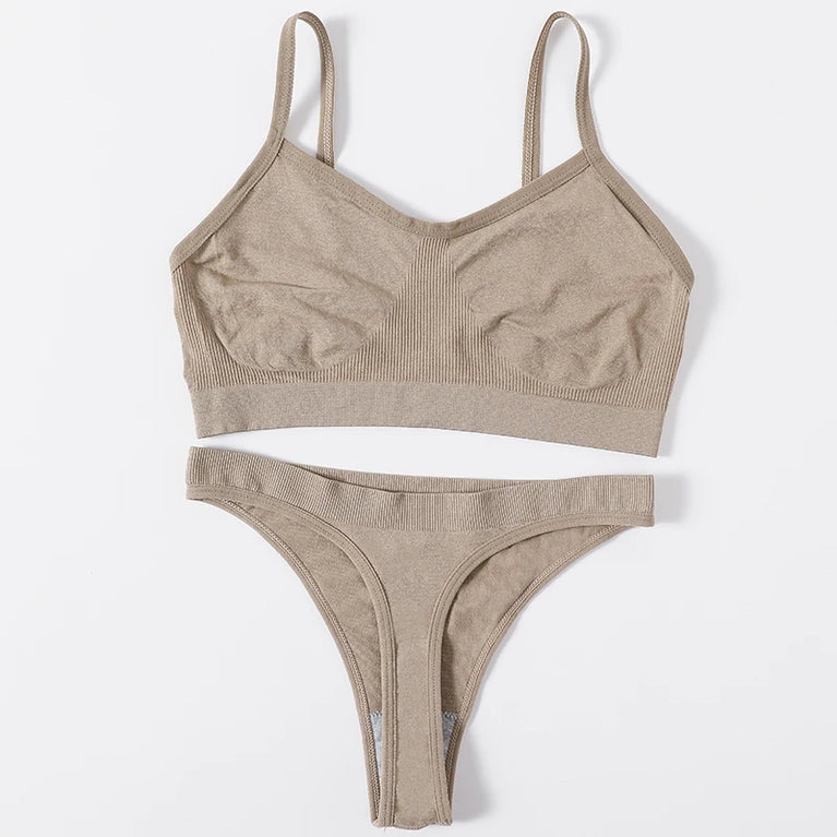 WOMEN SEAMLESS PUSH UP RIBBED BRA AND PANTY SET WIRE FREE SEXY LINGERIE