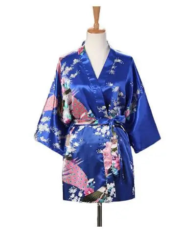 Peacock Print Kimono | Silk Satin Short Sleepwear