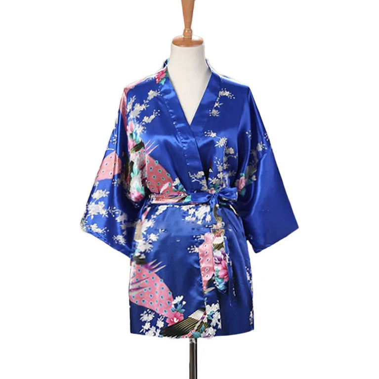 Peacock Print Kimono | Silk Satin Short Sleepwear
