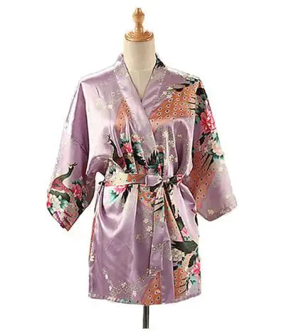 Peacock Print Kimono | Silk Satin Short Sleepwear