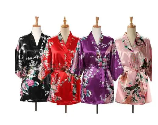 Peacock Print Kimono | Silk Satin Short Sleepwear
