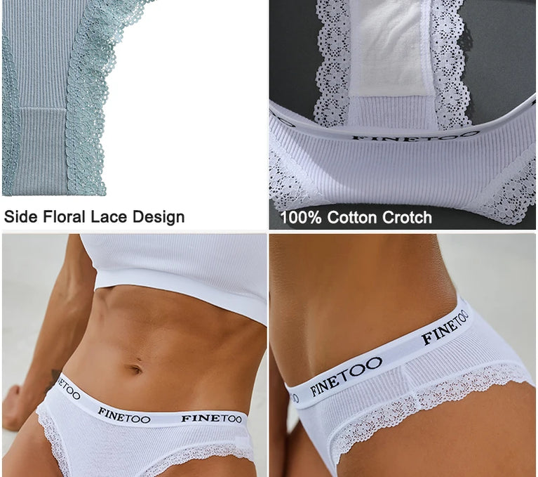 4pc Cotton Bikini Set | Lace Trim Brazilian Briefs