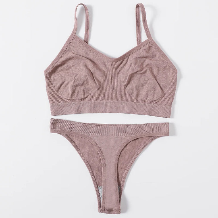 WOMEN SEAMLESS PUSH UP RIBBED BRA AND PANTY SET WIRE FREE SEXY LINGERIE