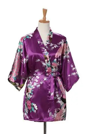 Peacock Print Kimono | Silk Satin Short Sleepwear