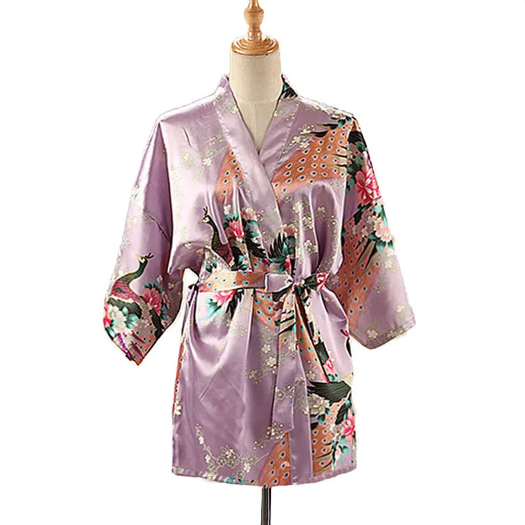 Peacock Print Kimono | Silk Satin Short Sleepwear