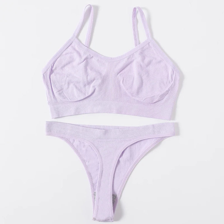 WOMEN SEAMLESS PUSH UP RIBBED BRA AND PANTY SET WIRE FREE SEXY LINGERIE