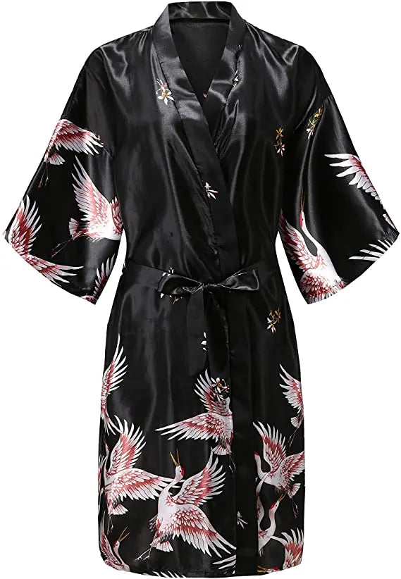 Luxury Floral Satin Silk Robe – Elegant Short-Sleeve Kimono Bathrobe for Brides, Bridesmaids, and Summer Lounging