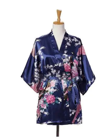 Peacock Print Kimono | Silk Satin Short Sleepwear