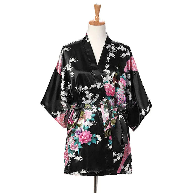 Peacock Print Kimono | Silk Satin Short Sleepwear