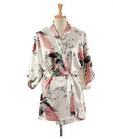 Peacock Print Kimono | Silk Satin Short Sleepwear