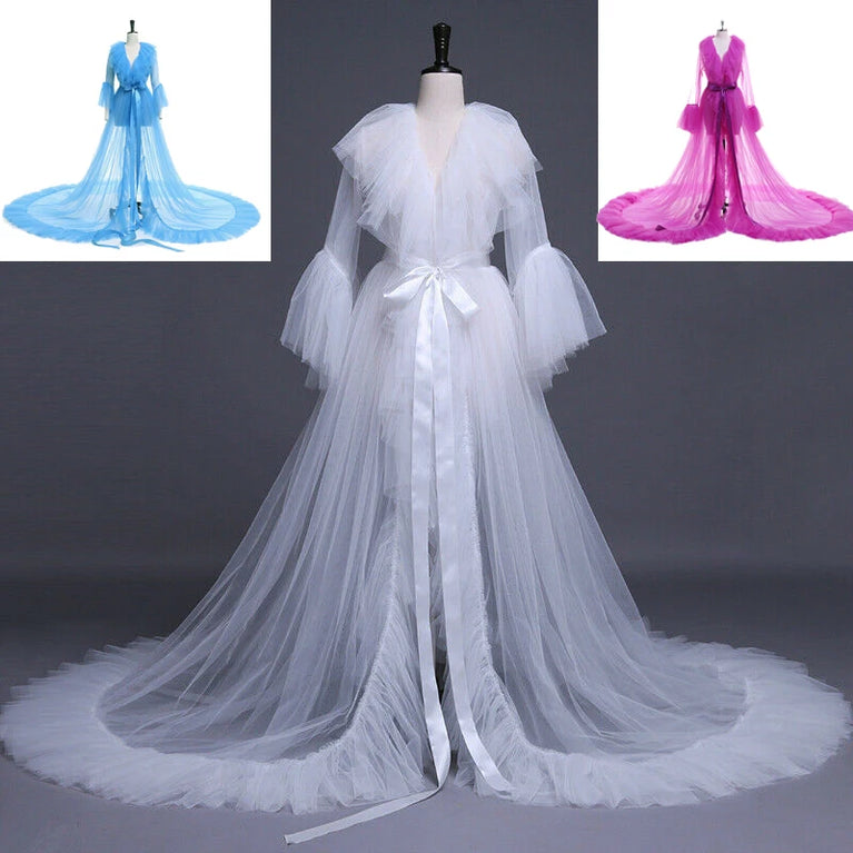 Sheer Tulle Maxi Robe | Layered Ruffle Floor Gown