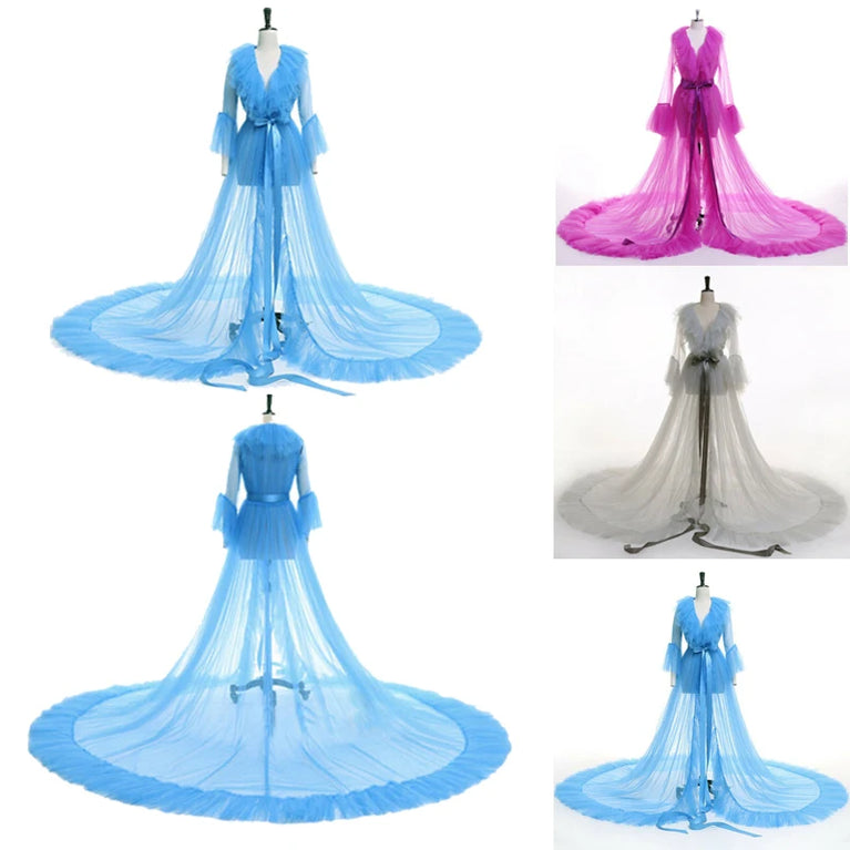 Sheer Tulle Maxi Robe | Layered Ruffle Floor Gown