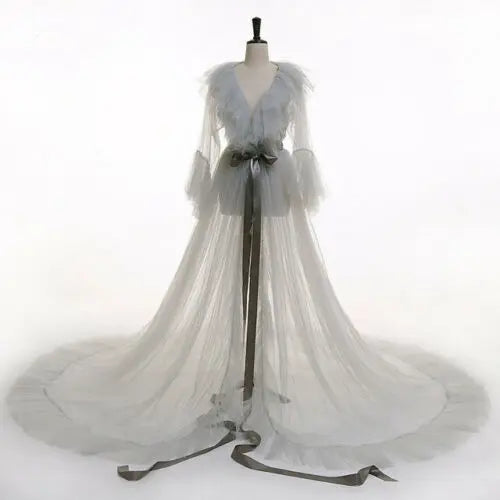 Sheer Tulle Maxi Robe | Layered Ruffle Floor Gown