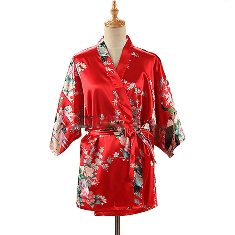 Peacock Print Kimono | Silk Satin Short Sleepwear