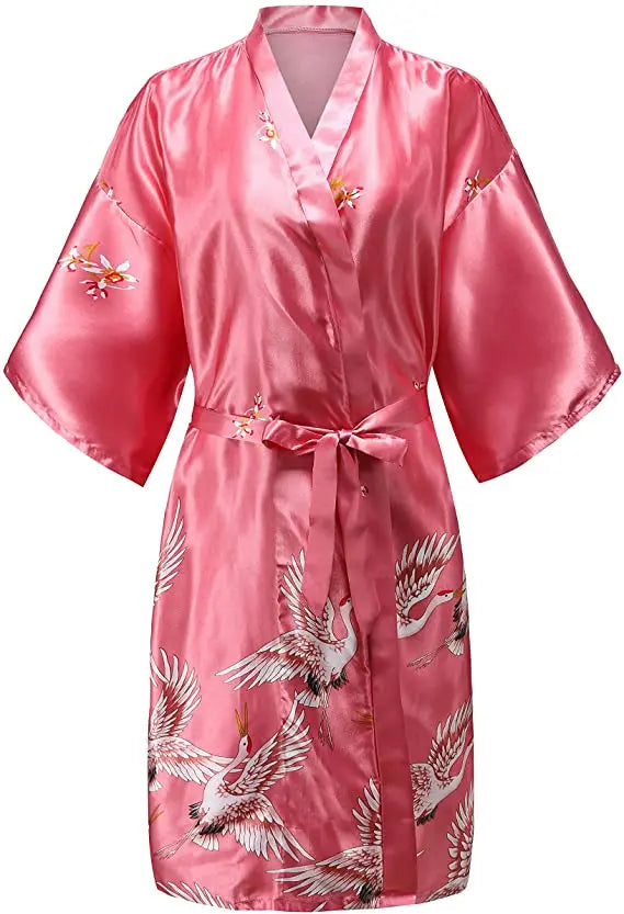 Luxury Floral Satin Silk Robe – Elegant Short-Sleeve Kimono Bathrobe for Brides, Bridesmaids, and Summer Lounging