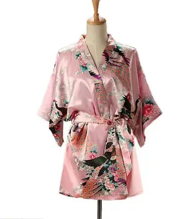 Peacock Print Kimono | Silk Satin Short Sleepwear