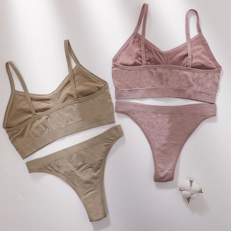 WOMEN SEAMLESS PUSH UP RIBBED BRA AND PANTY SET WIRE FREE SEXY LINGERIE