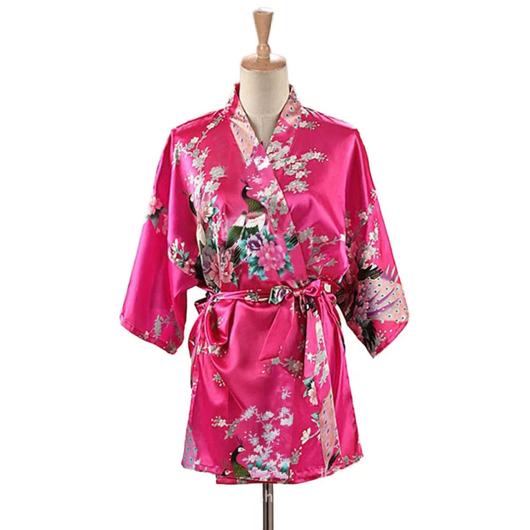 Peacock Print Kimono | Silk Satin Short Sleepwear