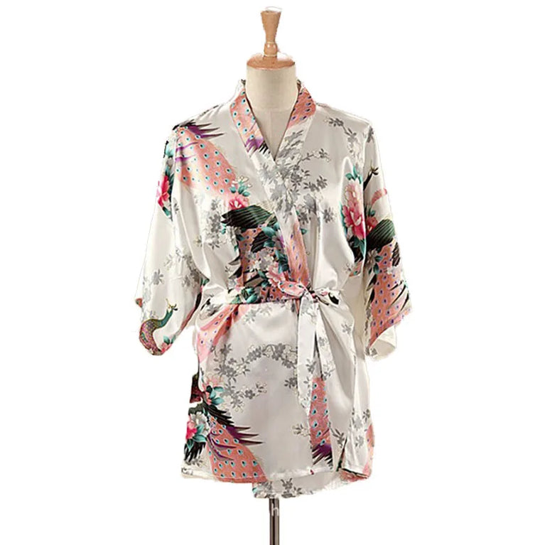 Peacock Print Kimono | Silk Satin Short Sleepwear
