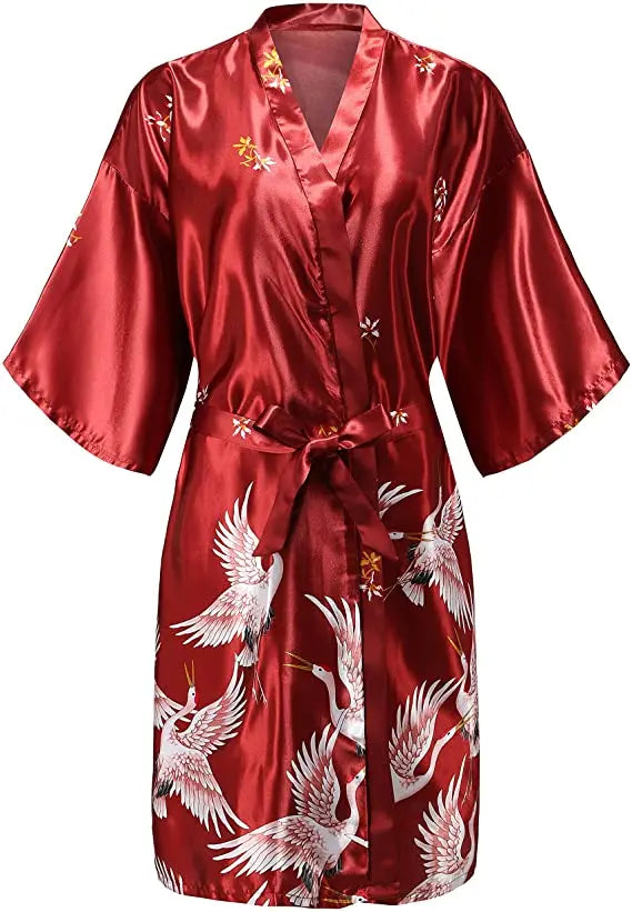 Luxury Floral Satin Silk Robe – Elegant Short-Sleeve Kimono Bathrobe for Brides, Bridesmaids, and Summer Lounging