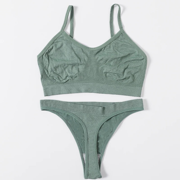 WOMEN SEAMLESS PUSH UP RIBBED BRA AND PANTY SET WIRE FREE SEXY LINGERIE