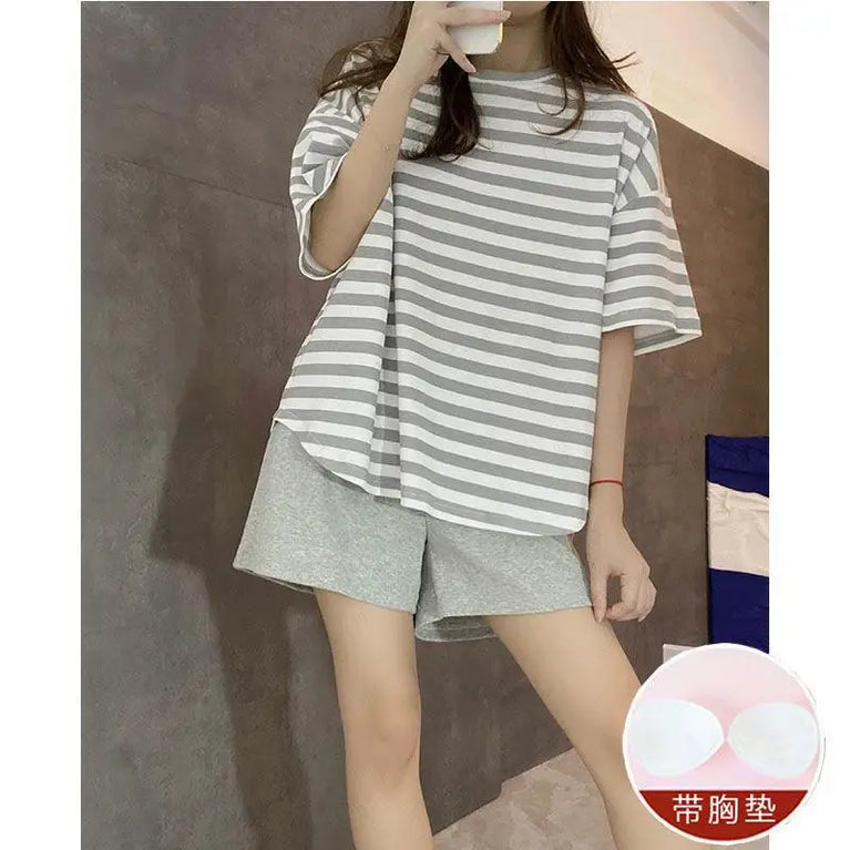 Women’s Striped Pajama Set | Built-in Chest Pads & Shorts