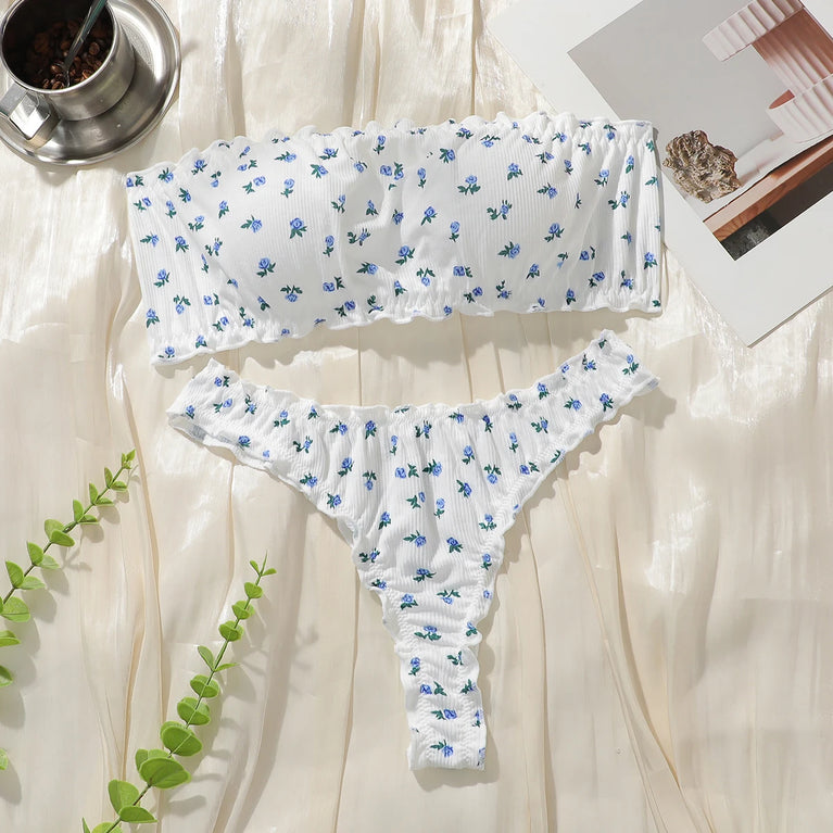 Floral Embroidery Unlined Bra & Brief Set – Wireless Sexy Lingerie