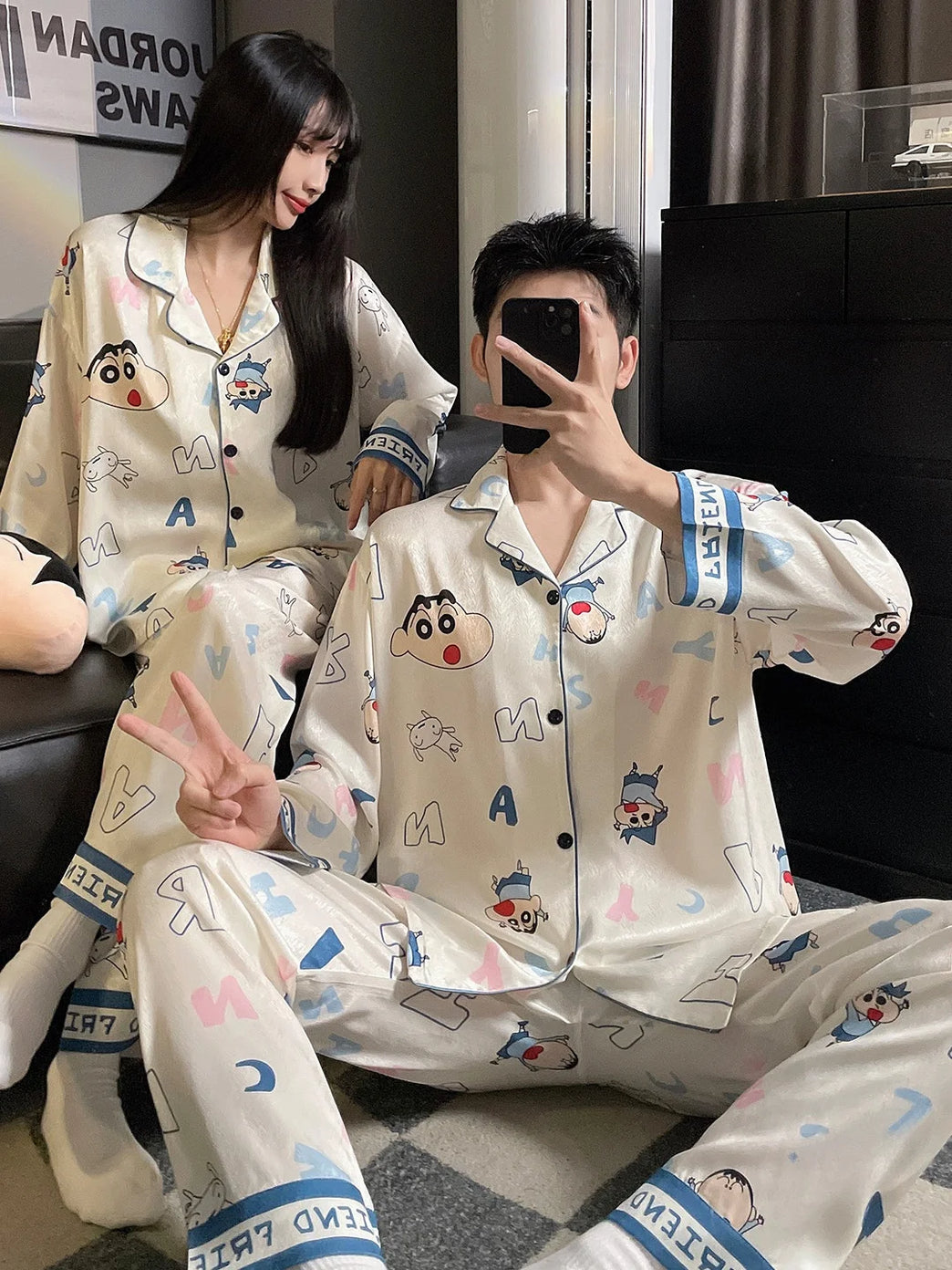 Couples Ice Silk Pajama Set | Cartoon Long-Sleeve Cardigan