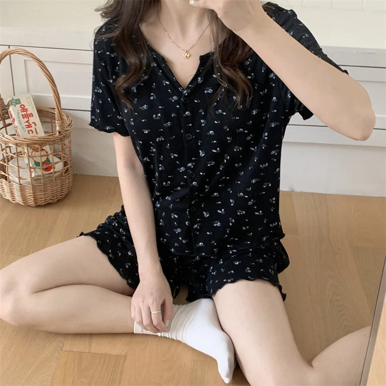 Women’s Floral Summer Pajama Set | Korean Style Home Clothes